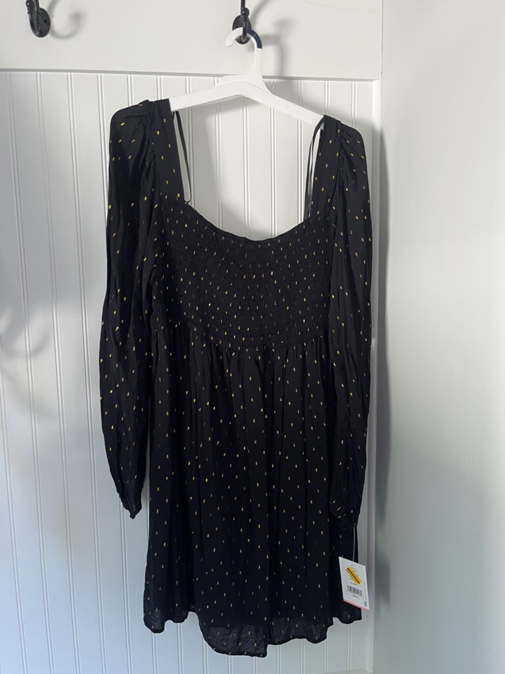 Black Long-Sleeve Swiss Dot Mini Maternity Dress with Gold Dots